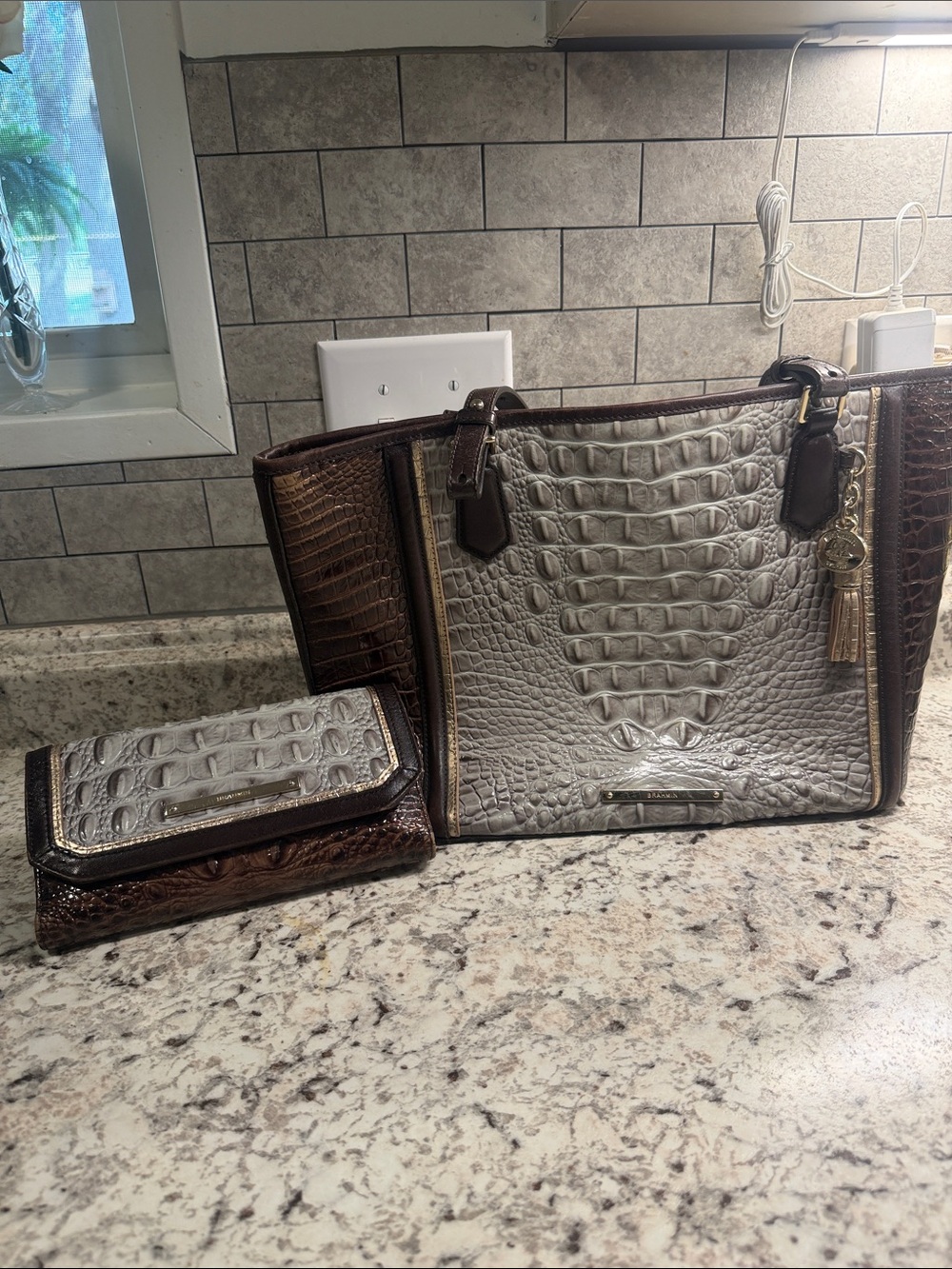 Brahmin Croc-Embossed Two-Tone Tote with Matching Wallet - Taupe & Dark Brown